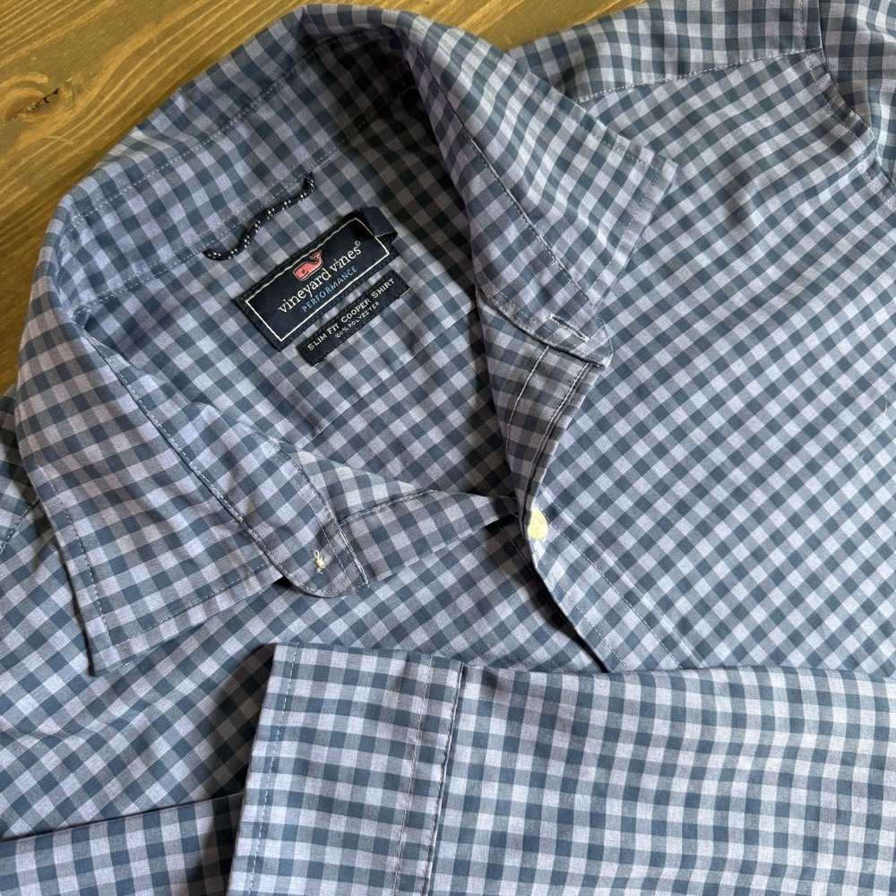Vineyard Vines Men's Large Blue Plaid Slim Fit Performance Cooper Shirt